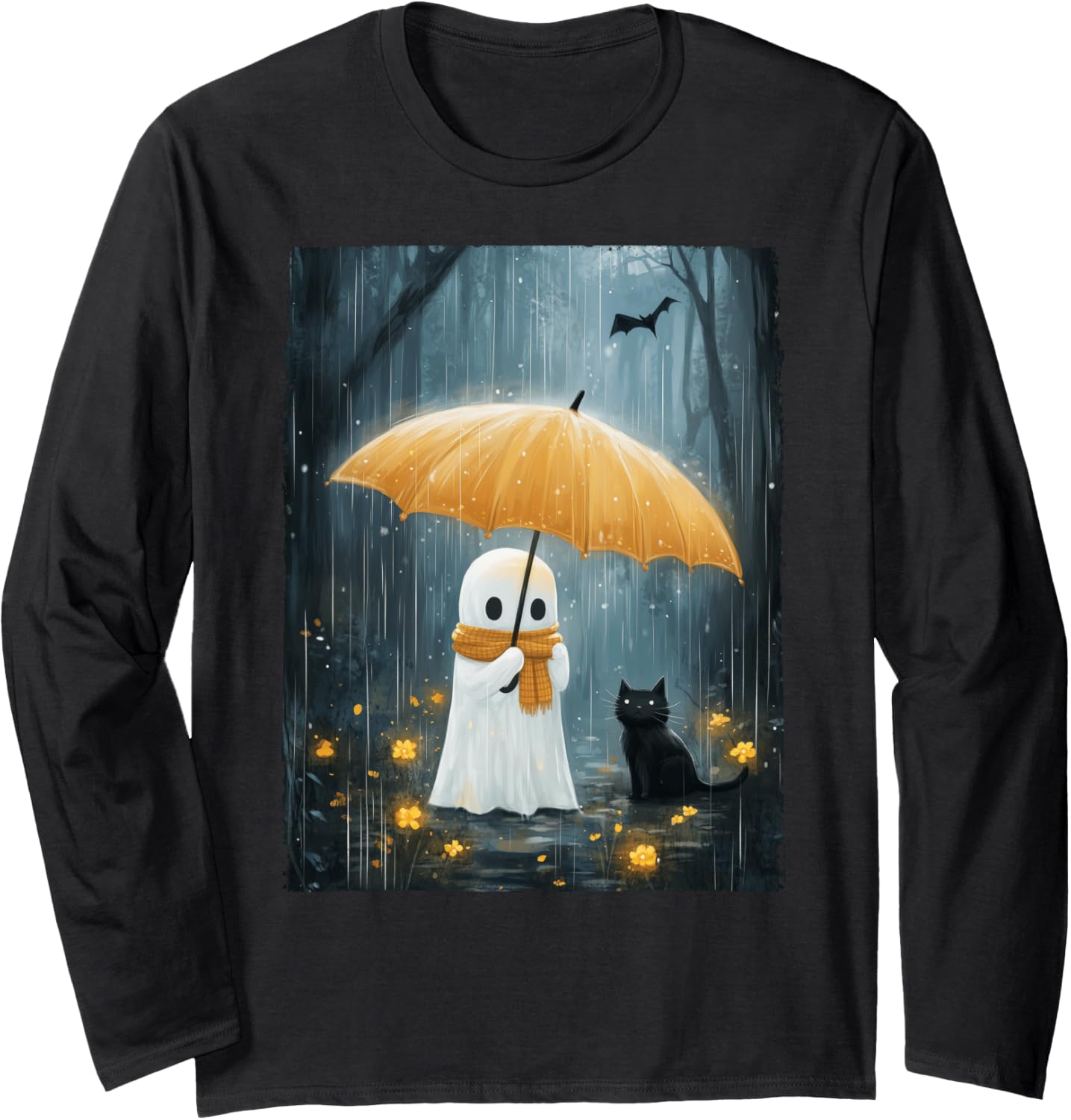 Floral Ghost Holds Umbrella Black Cat Season Women Men Long Sleeve T-Shirt