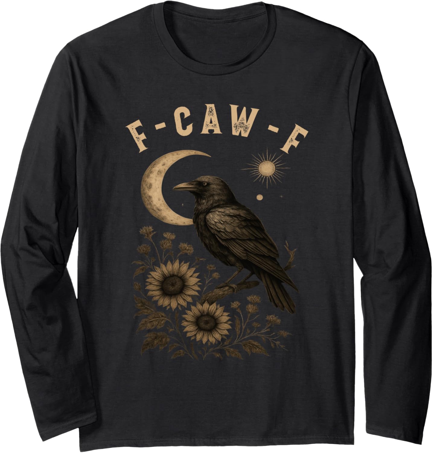F-Caw-F Black Crow Bird Retro Vintage Gothic Moon F-Caw-F Long Sleeve T-Shirt