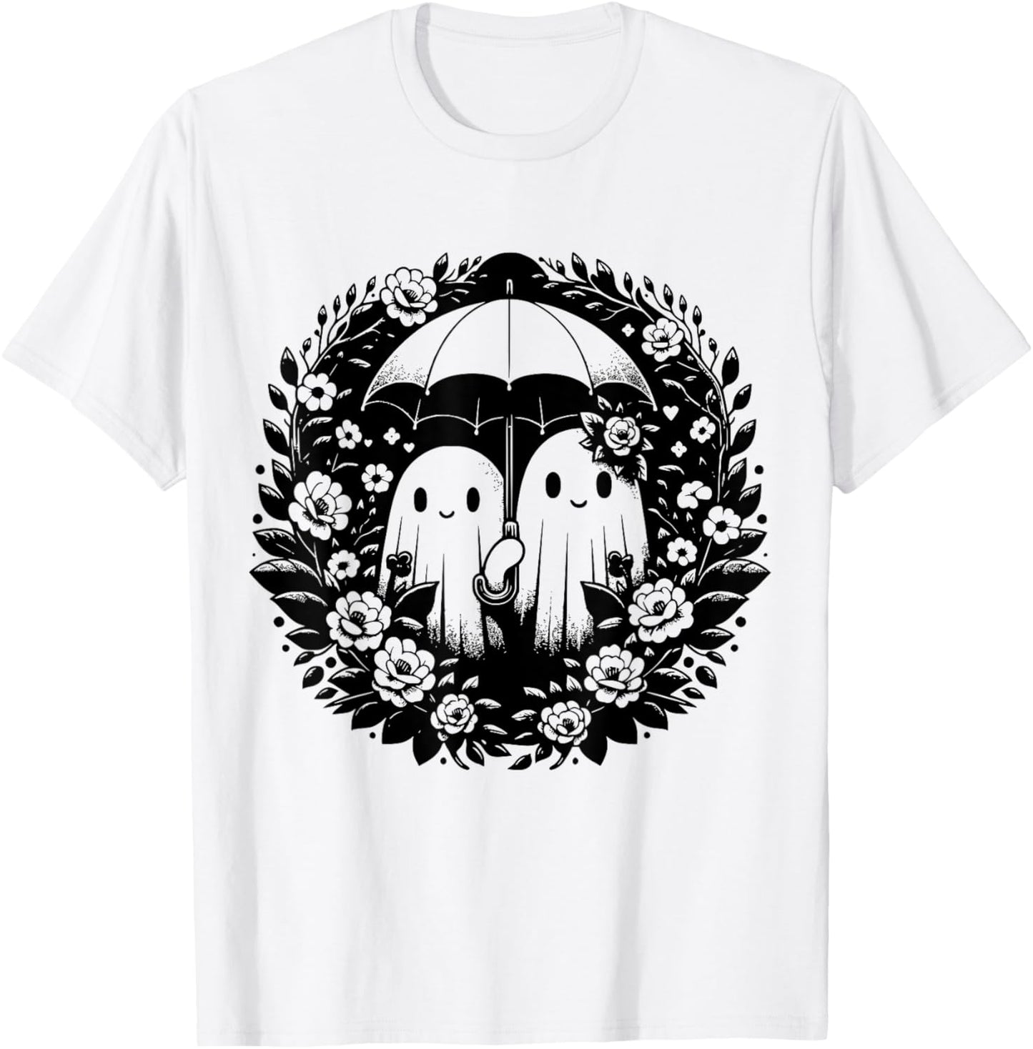 Floral Ghost Holds Umbrella Couple Spooky Season Women Men T-Shirt