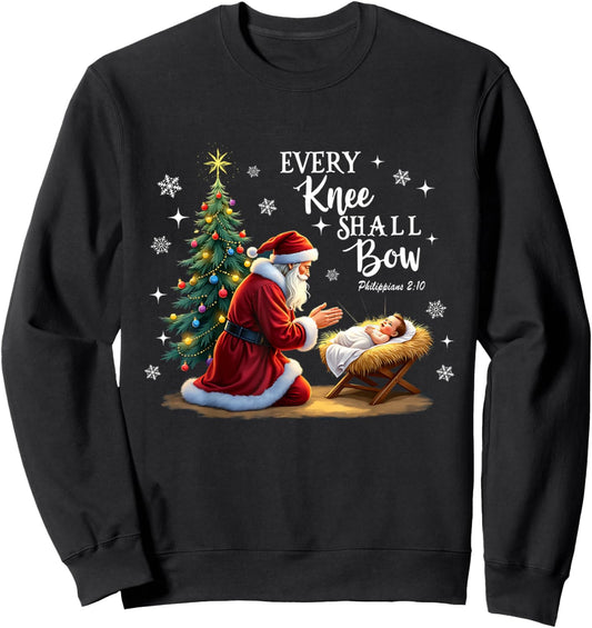 Every Knee Shall Bow, Manger Scene, Kneeling Santa Christmas Sweatshirt