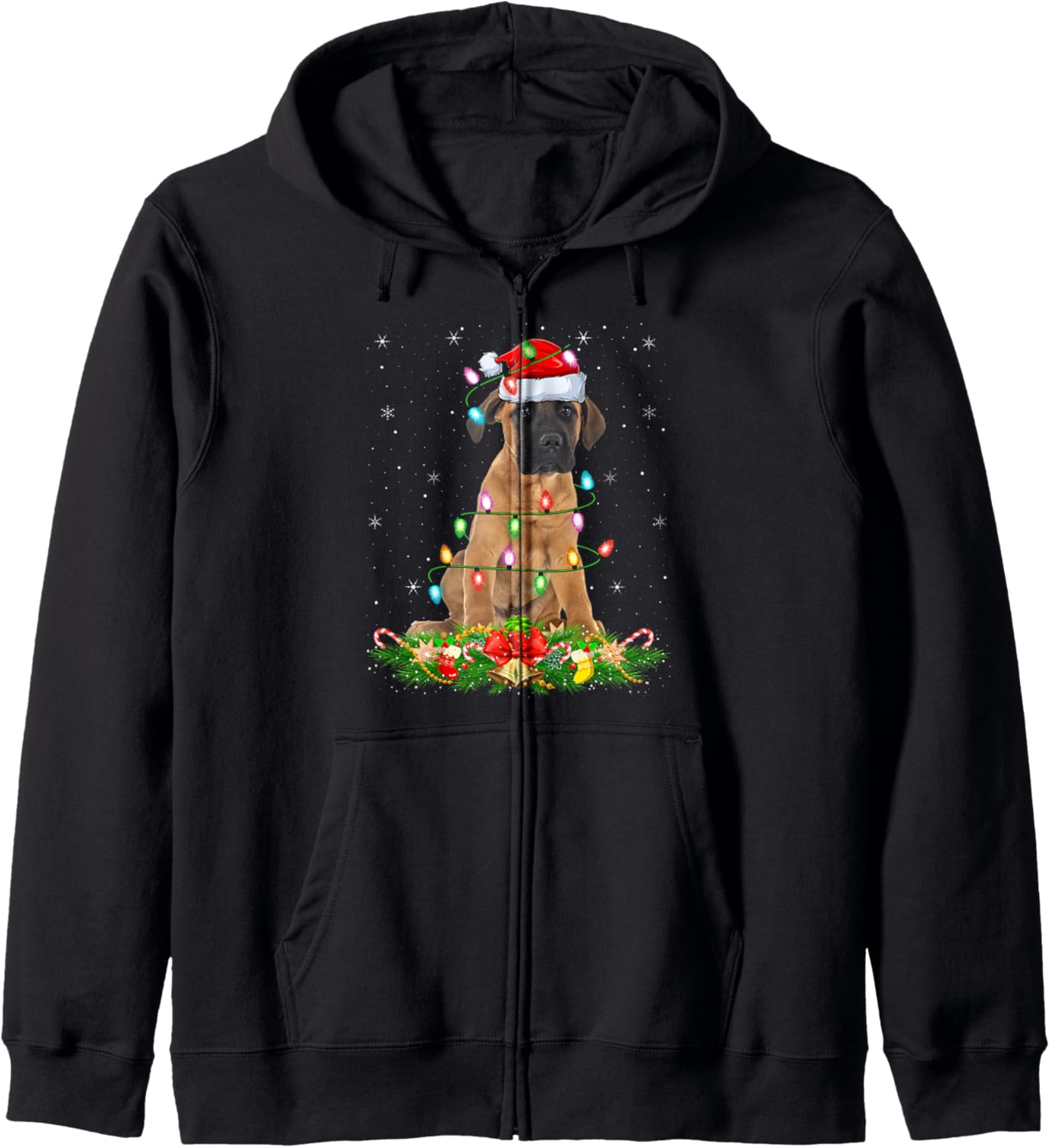 English Mastiff Dog Christmas Lights Funny Santa Hat Xmas Zip Hoodie