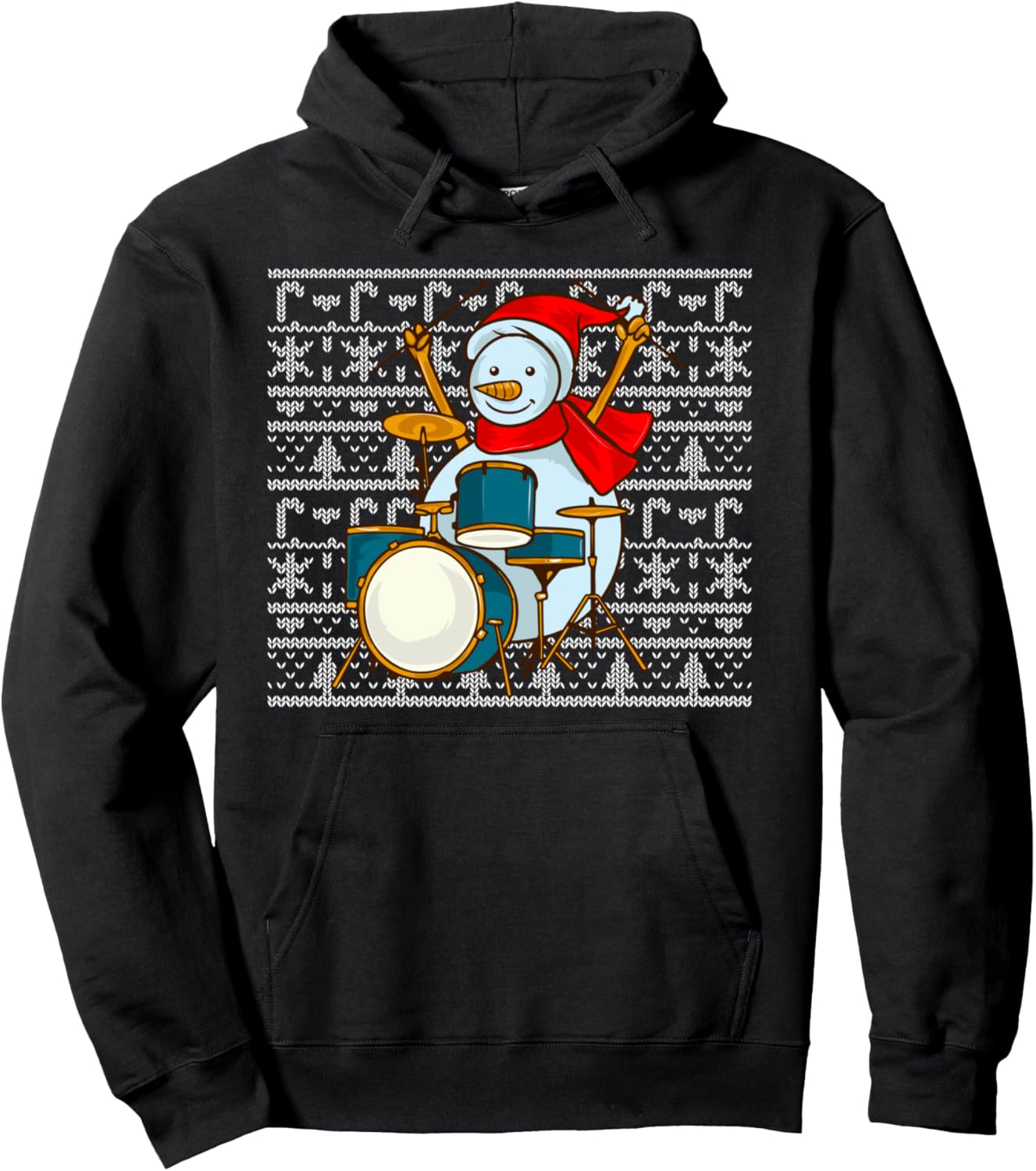 Drummer Snowman Drums Percussionist Ugly Christmas Drumming Pullover Hoodie