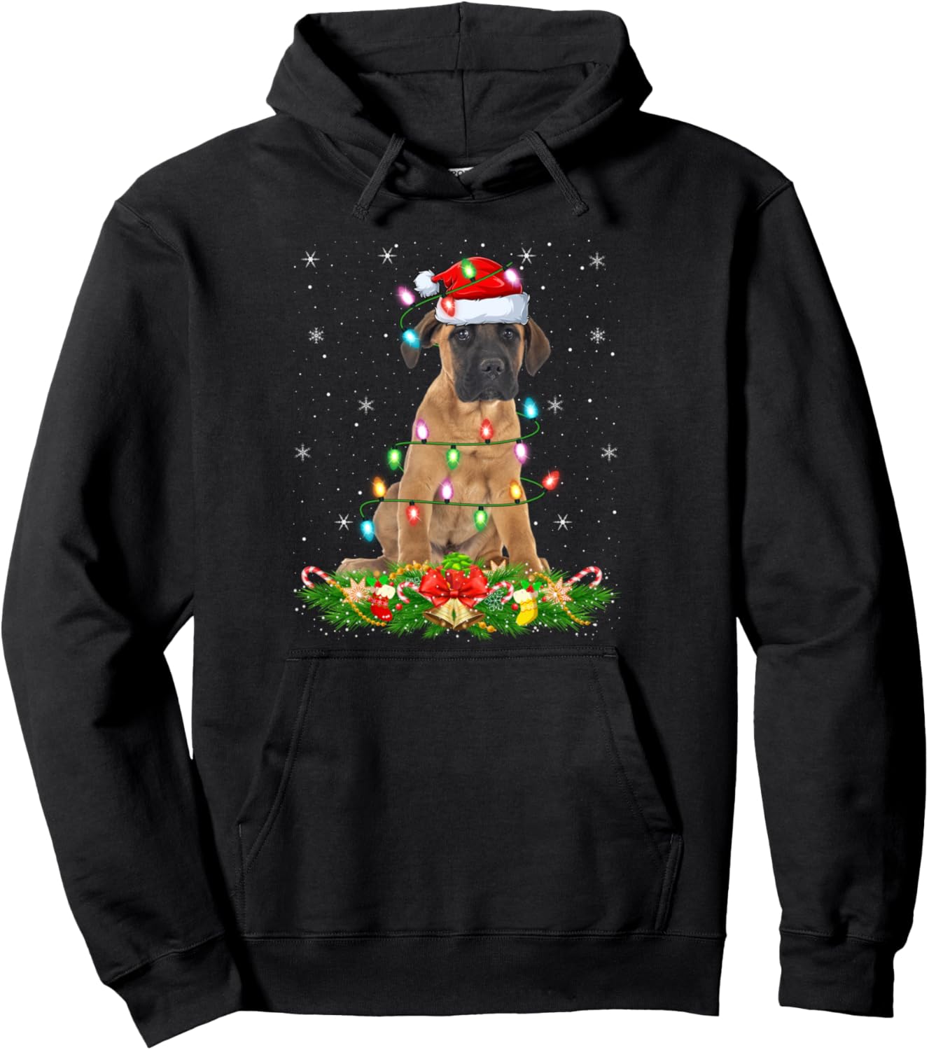 English Mastiff Dog Christmas Lights Funny Santa Hat Xmas Pullover Hoodie