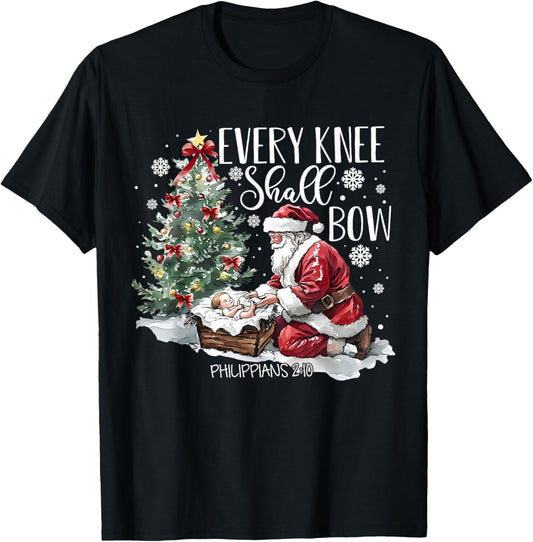Every Knee Shall Bow Santa Christmas Nativity Scene Xmas T-Shirt