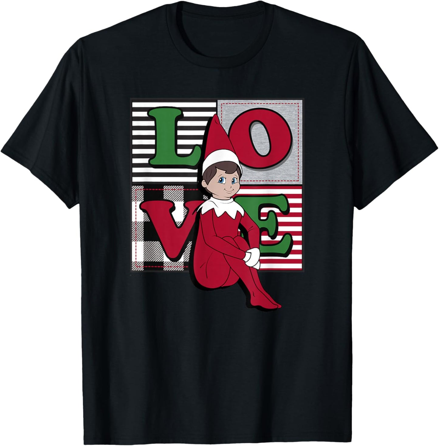 Elf on the Shelf Christmas Love Stacked Plaid Squares Logo T-Shirt