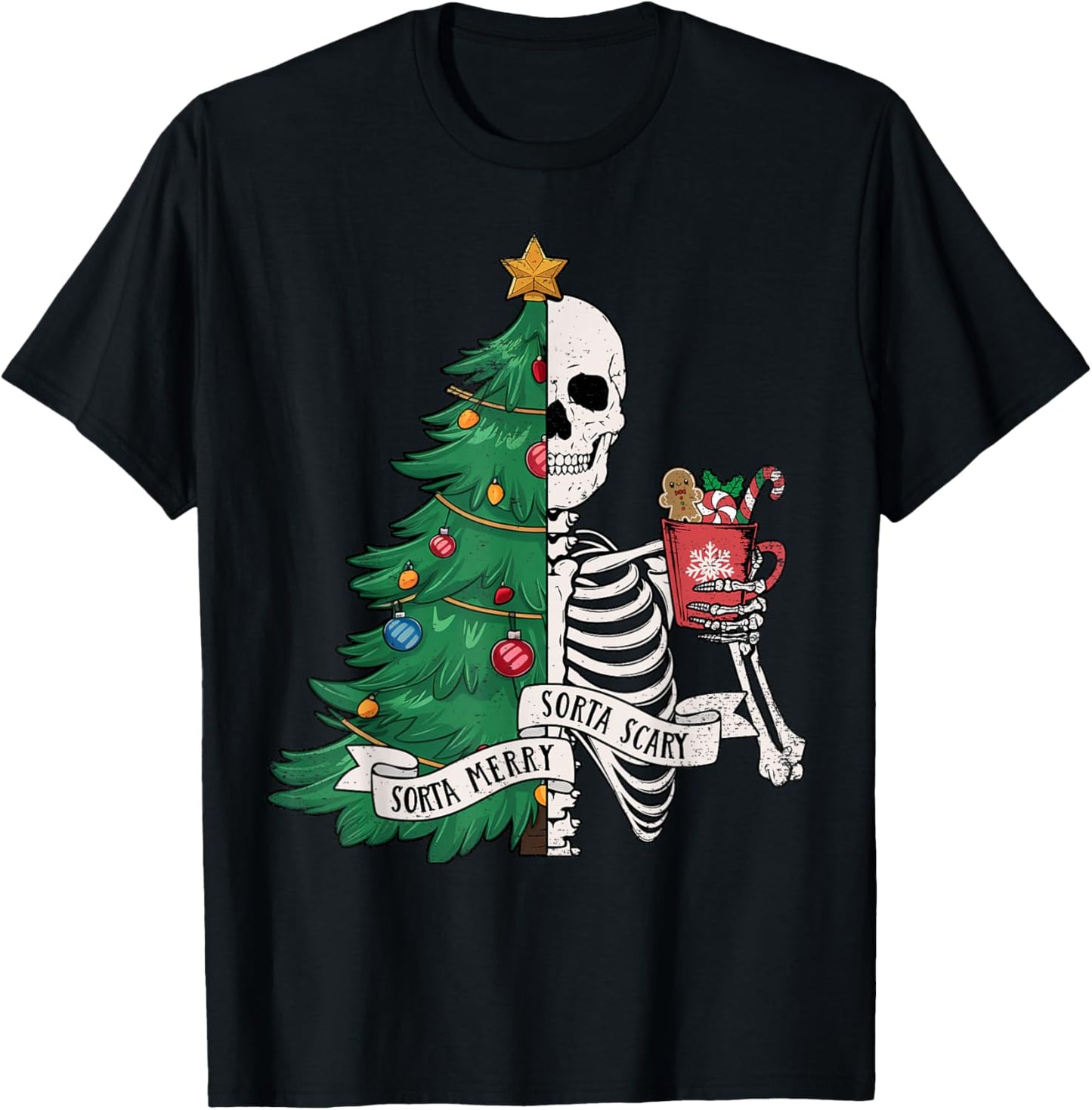 Funny Christmas Sorta Merry Sorta Scary Skeleton Xmas Tree T-Shirt