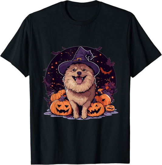 Eurasier Dog Whitch Hat Halloween Pumpkin Spooky Happy Men Women Kids T-Shirt