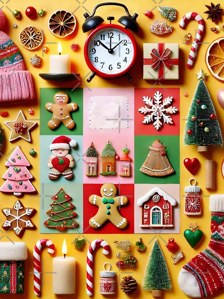 A festive collage of Christmas decorations, treats, and ornaments on a bright yellow background