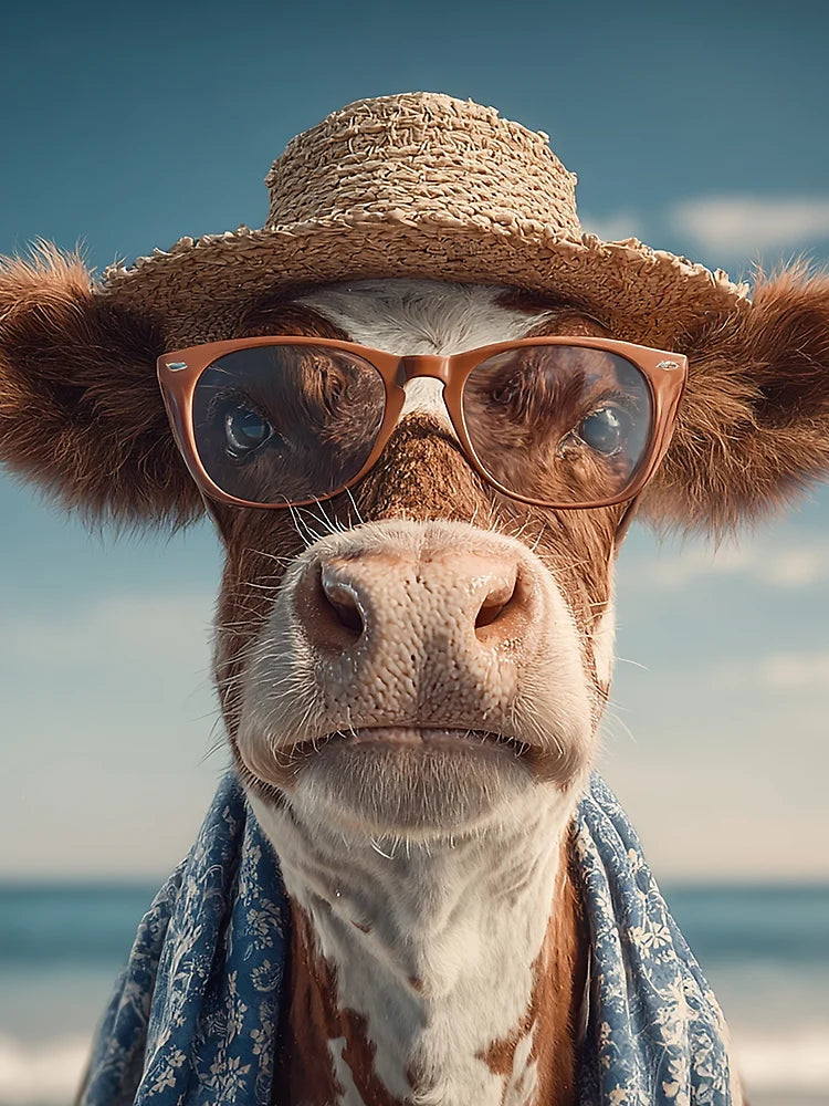 A cow in a hat and glasses