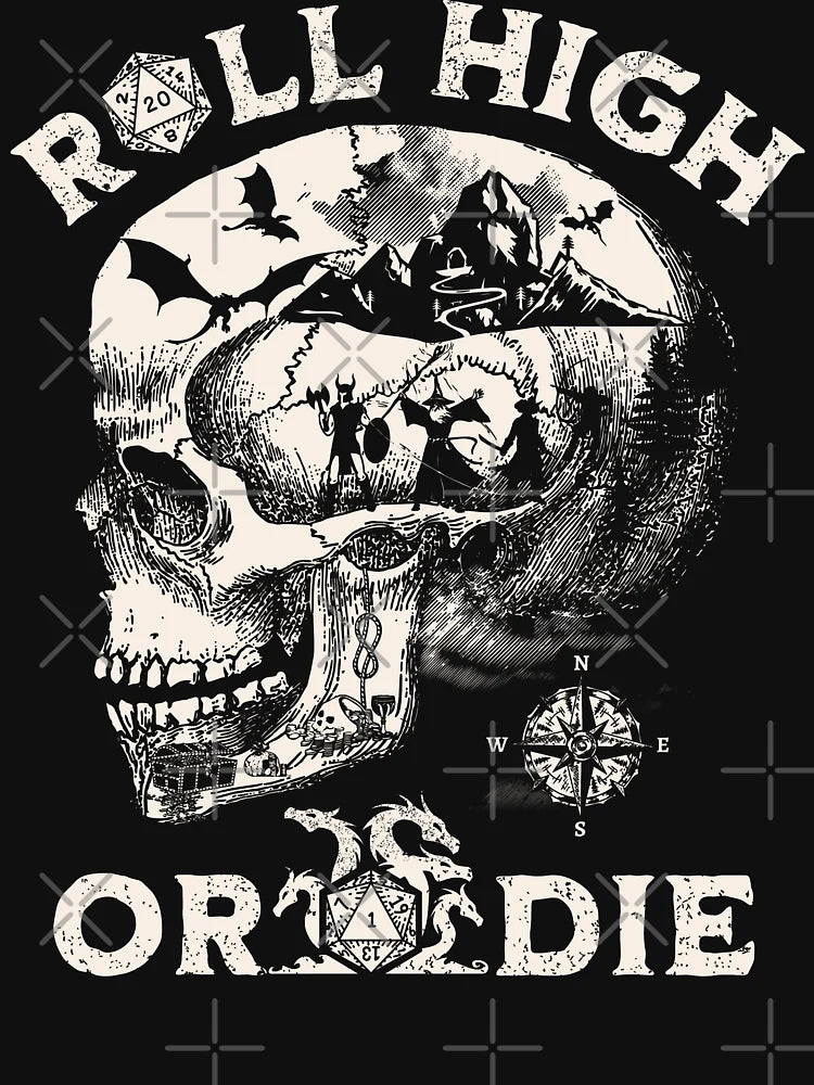 Dungeons and Dragons: Roll High or Die. Party fighting dragons in a Skull Scene.