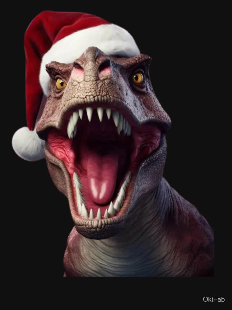 A T-Rex wearing a santa hat