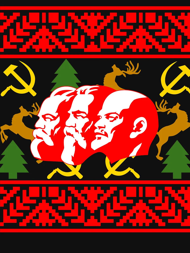 A Communist Ugly Christmas Sweater Featering Marx, Lenin, and Engels Funny Christmas