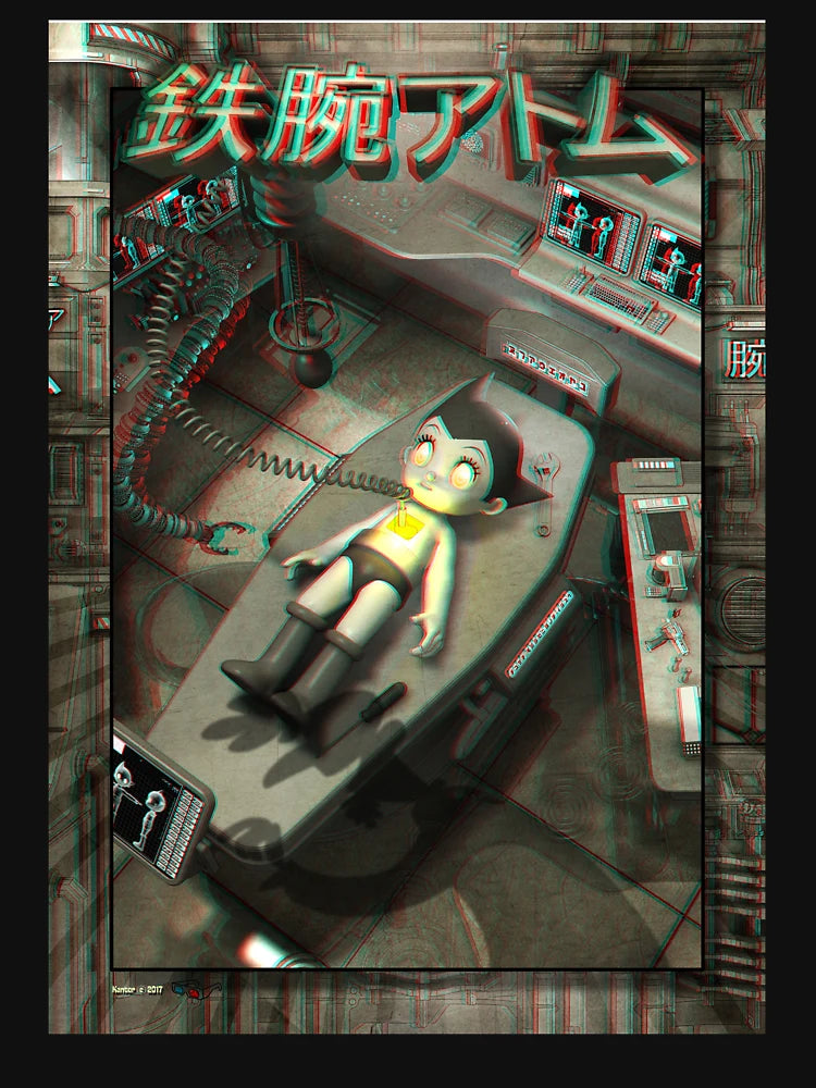 3d Anaglyph pop-art illustration of the creation of Astroboy (version 01)