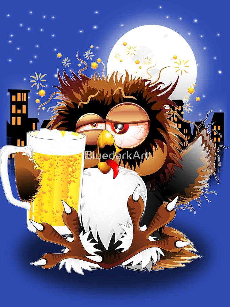 Drunk Owl with Beer Funny Character