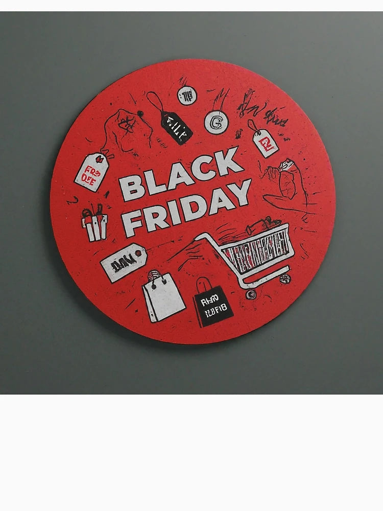 A red circle with a black friday sale sign on it