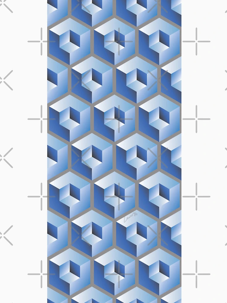 3D BLUE 'CUBE in CUBE' GEOMETRIC PATTERN ILLUSION on Gray Background (Cube v3 BLUE on GRAY) ©