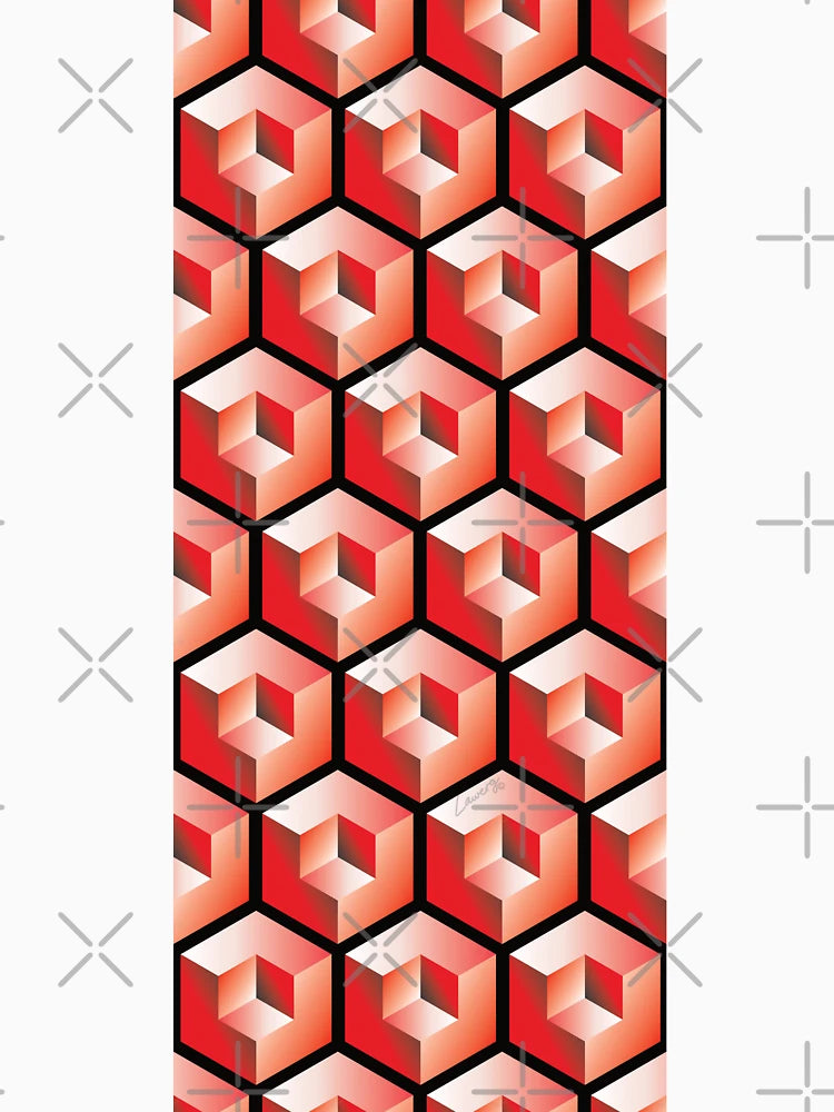 3D RED 'CUBE in CUBE' GEOMETRIC PATTERN ILLUSION on White Background (Cube v3 Red on BLACK) ©