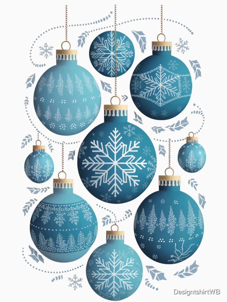 Elegant Blue Christmas Ornaments with Snowflake and Pine Tree Designs On