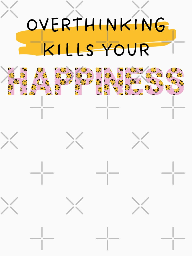 Overthinking Kills Your Happiness, Yellow Brushstroke and letters filled with Yellow and Pink Smileys pattern