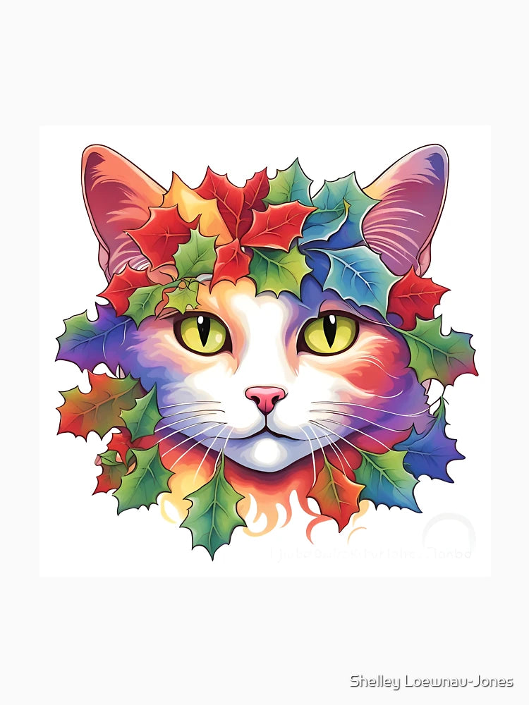 Festive Cat with Rainbow Painted Holly Leaves