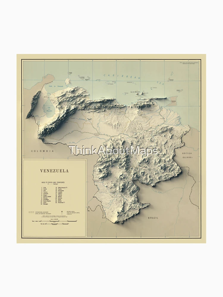 1948 Venezuela Relief Map 3D digitally-rendered