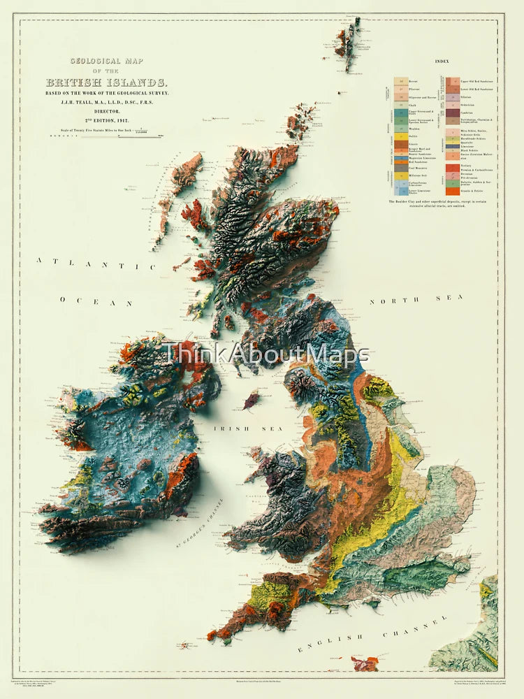 1912 3D Ireland, British Islands and England Geological Relief Map digitally rendered