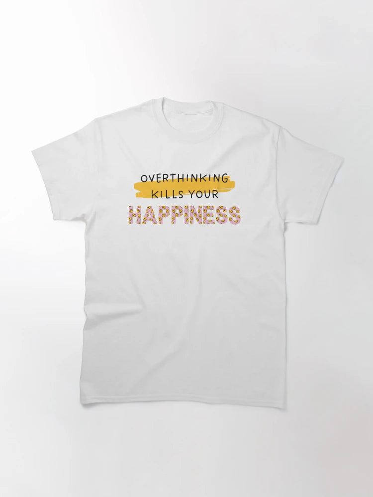 Overthinking Kills Your Happiness, Yellow Brushstroke and letters filled with Yellow and Pink Smileys pattern