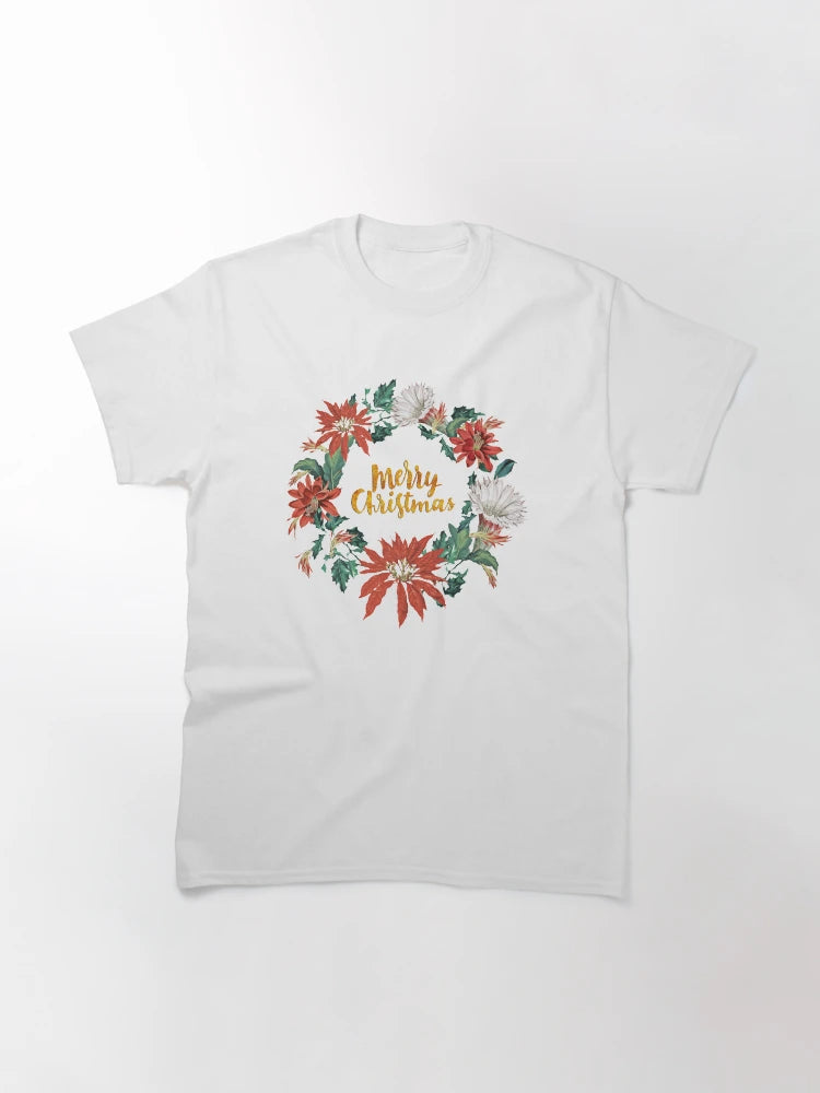 Gold Merry Christmas Poinsettia Floral Wreath on Pink