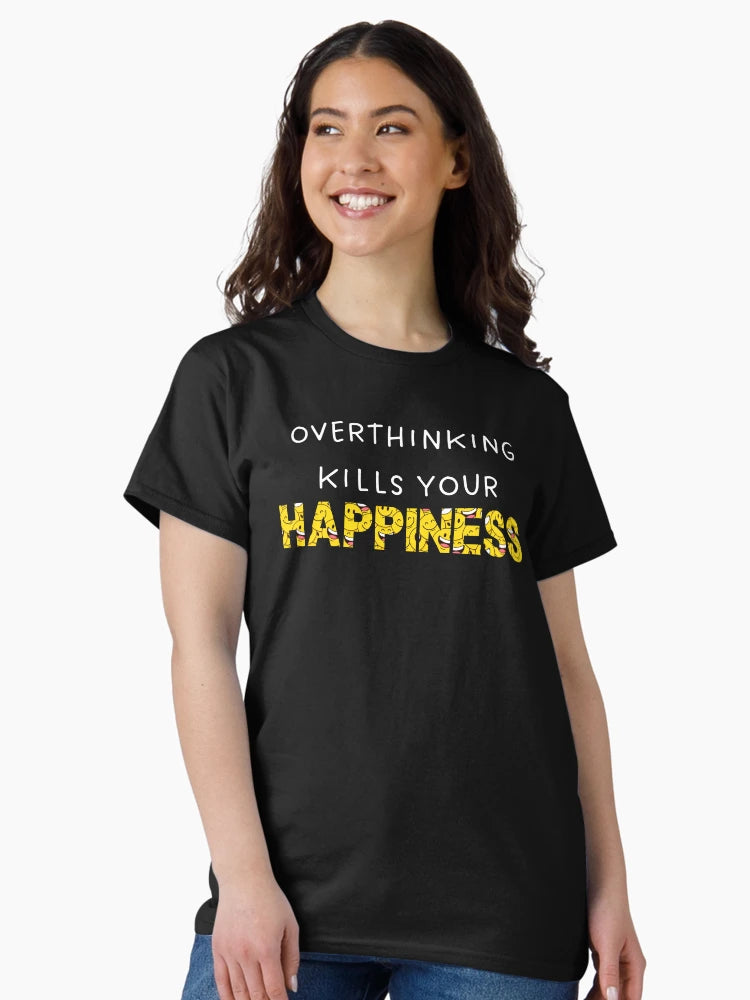 Overthinking Kills Your Happiness, letters filled with Yellow Smileys pattern