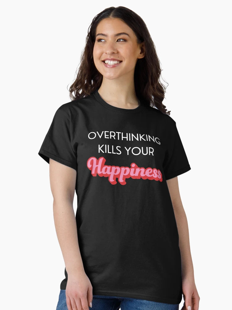 Overthinking Kills Your Happiness, Retro colorful groovy style on black background