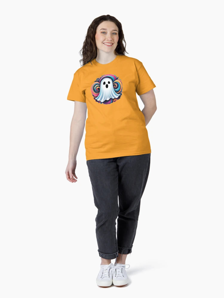 a little ghost with colorful swirls