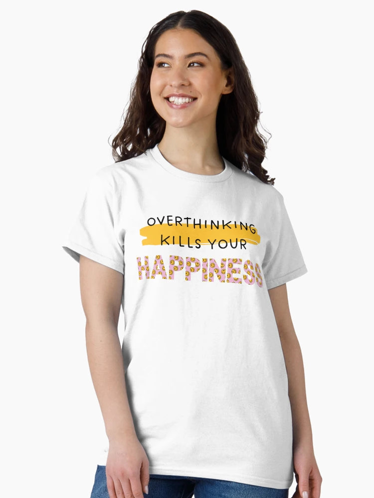 Overthinking Kills Your Happiness, Yellow Brushstroke and letters filled with Yellow and Pink Smileys pattern