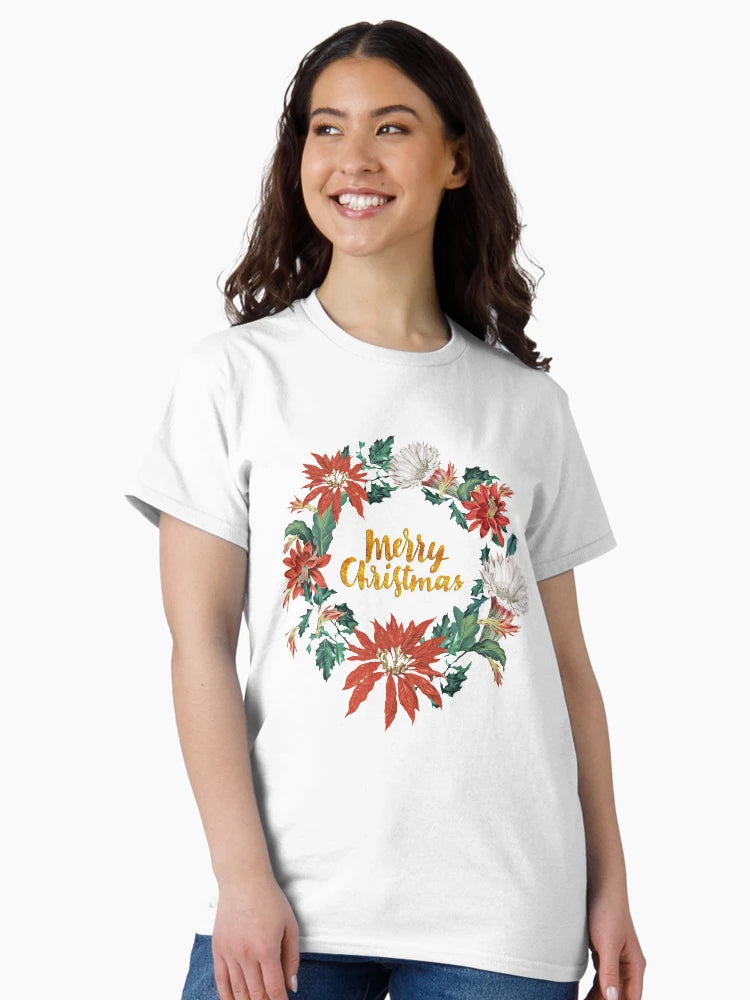 Gold Merry Christmas Poinsettia Floral Wreath on Pink