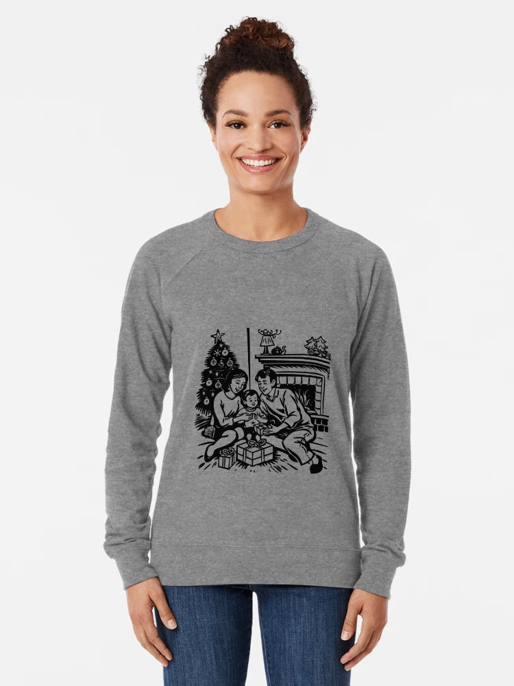 Family Opening Gifts by Fireplace – Nostalgic Christmas Illustration in Black and White