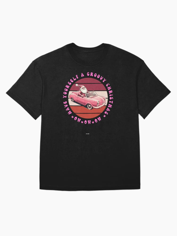 HAVE A GROOVY CHRISTMAS RETRO VINTAGE SANTA CLAUS IN PINK CONVERTIBLE Mid journey Ai Art