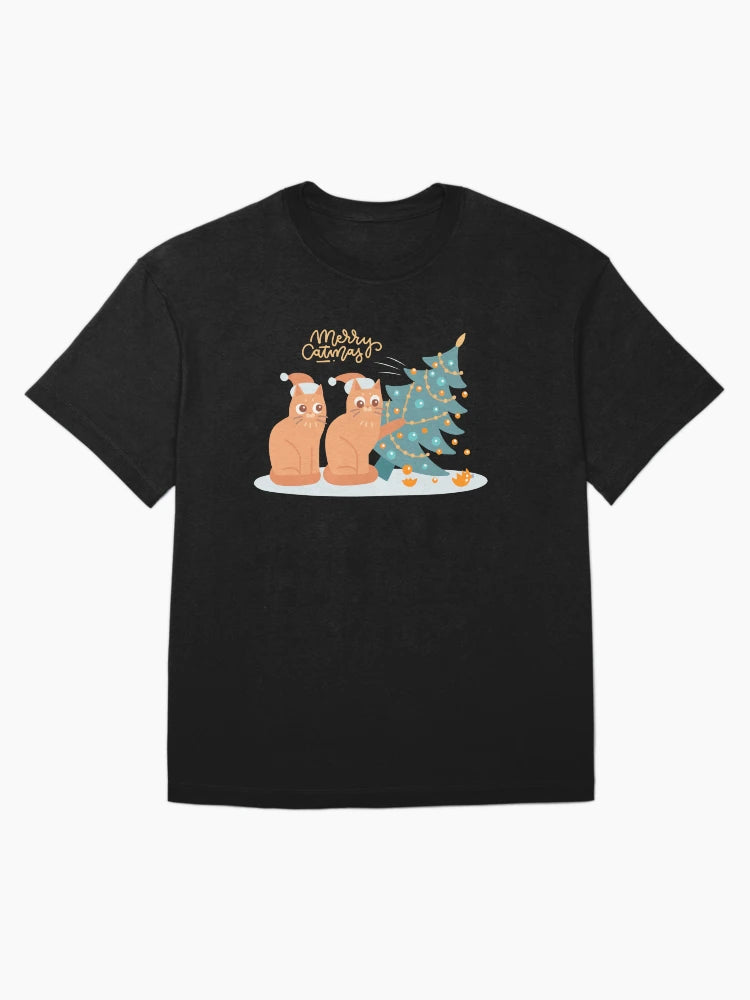 Merry Catmas Two Cats Christmas Cat Funny Cat Pushing Christmas Tree Over
