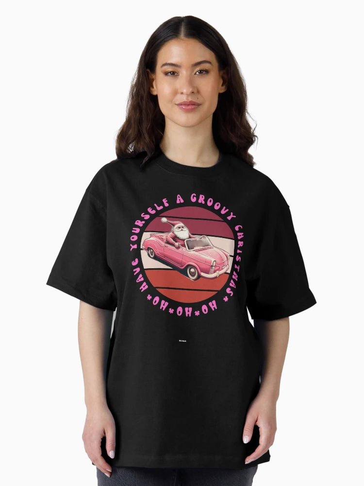 HAVE A GROOVY CHRISTMAS RETRO VINTAGE SANTA CLAUS IN PINK CONVERTIBLE Mid journey Ai Art