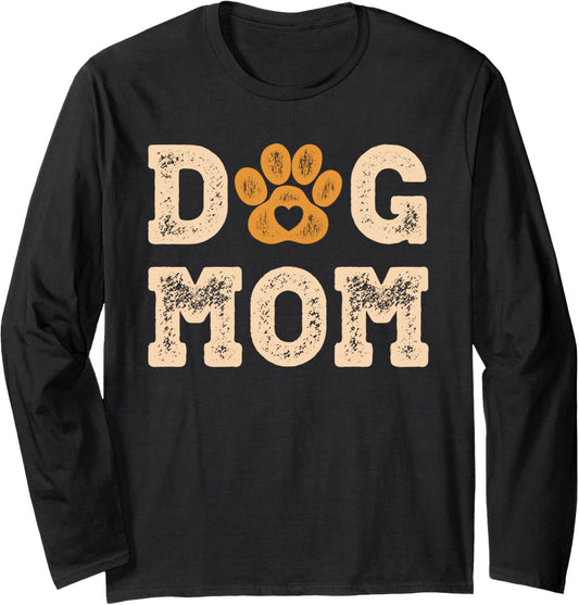 Dog Mom Gifts for Women Graphic Retro Tee Puppy Paw Print Long Sleeve T-Shirt