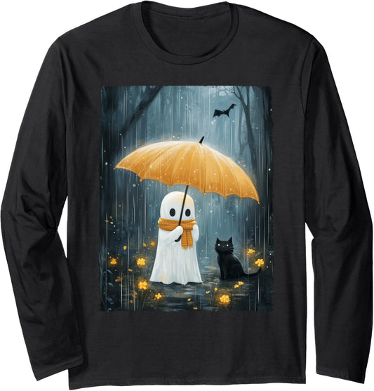 Floral Ghost Holds Umbrella Black Cat Season Women Men Long Sleeve T-Shirt