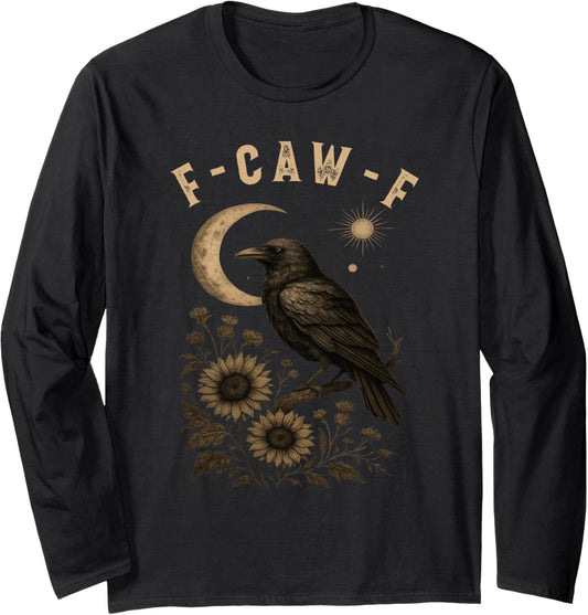 F-Caw-F Black Crow Bird Retro Vintage Gothic Moon F-Caw-F Long Sleeve T-Shirt