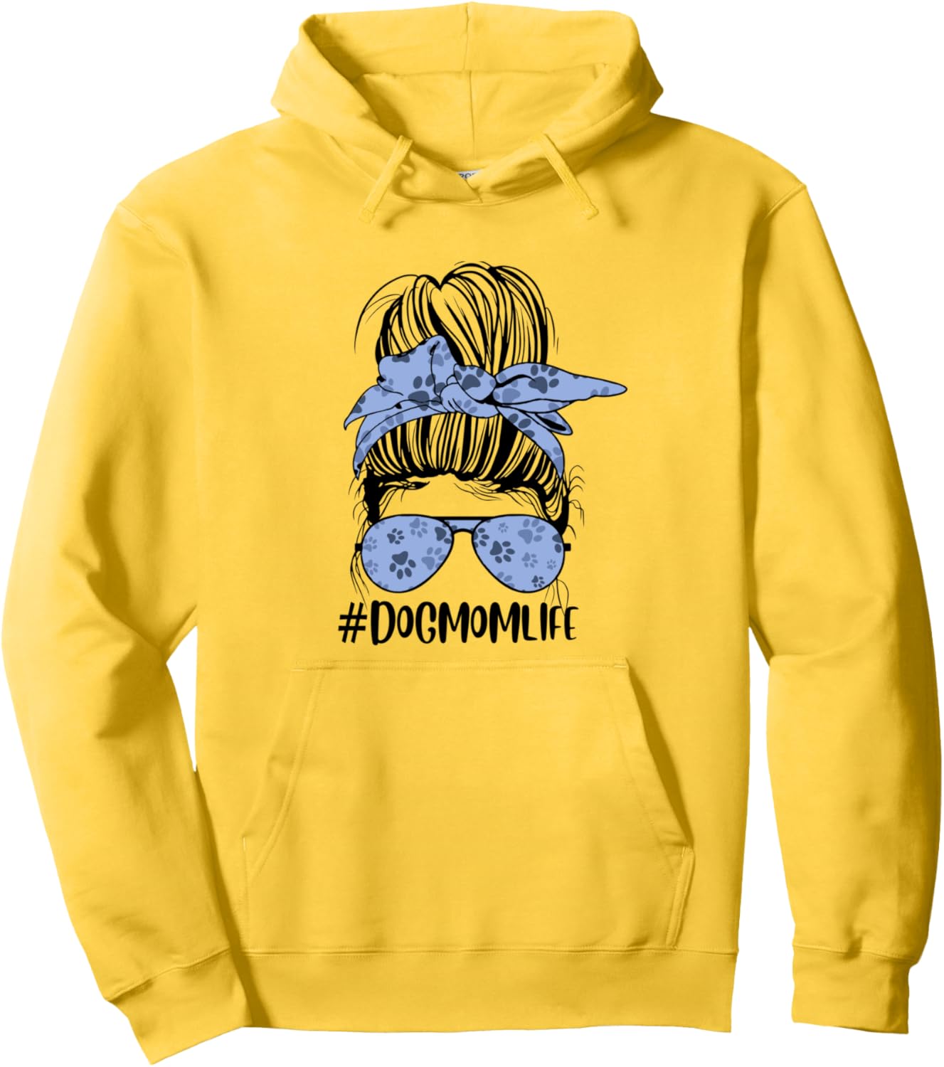 Dogmomlife Messy Bun Hair Paws Blue Bandana Glasses Dog Mom Pullover Hoodie