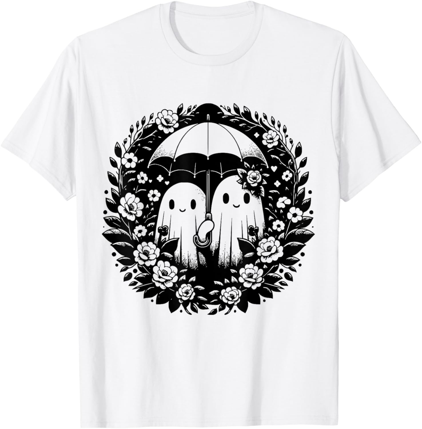 Floral Ghost Holds Umbrella Couple Spooky Season Women Men T-Shirt