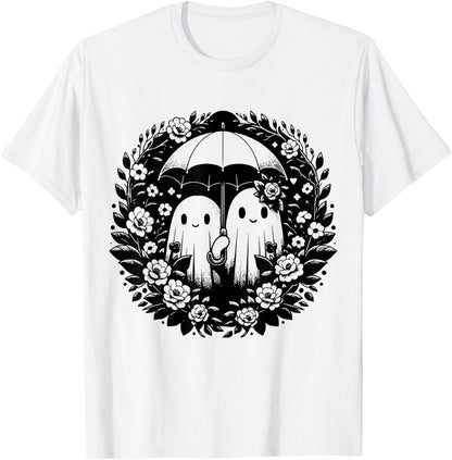 Floral Ghost Holds Umbrella Couple Spooky Season Women Men T-Shirt