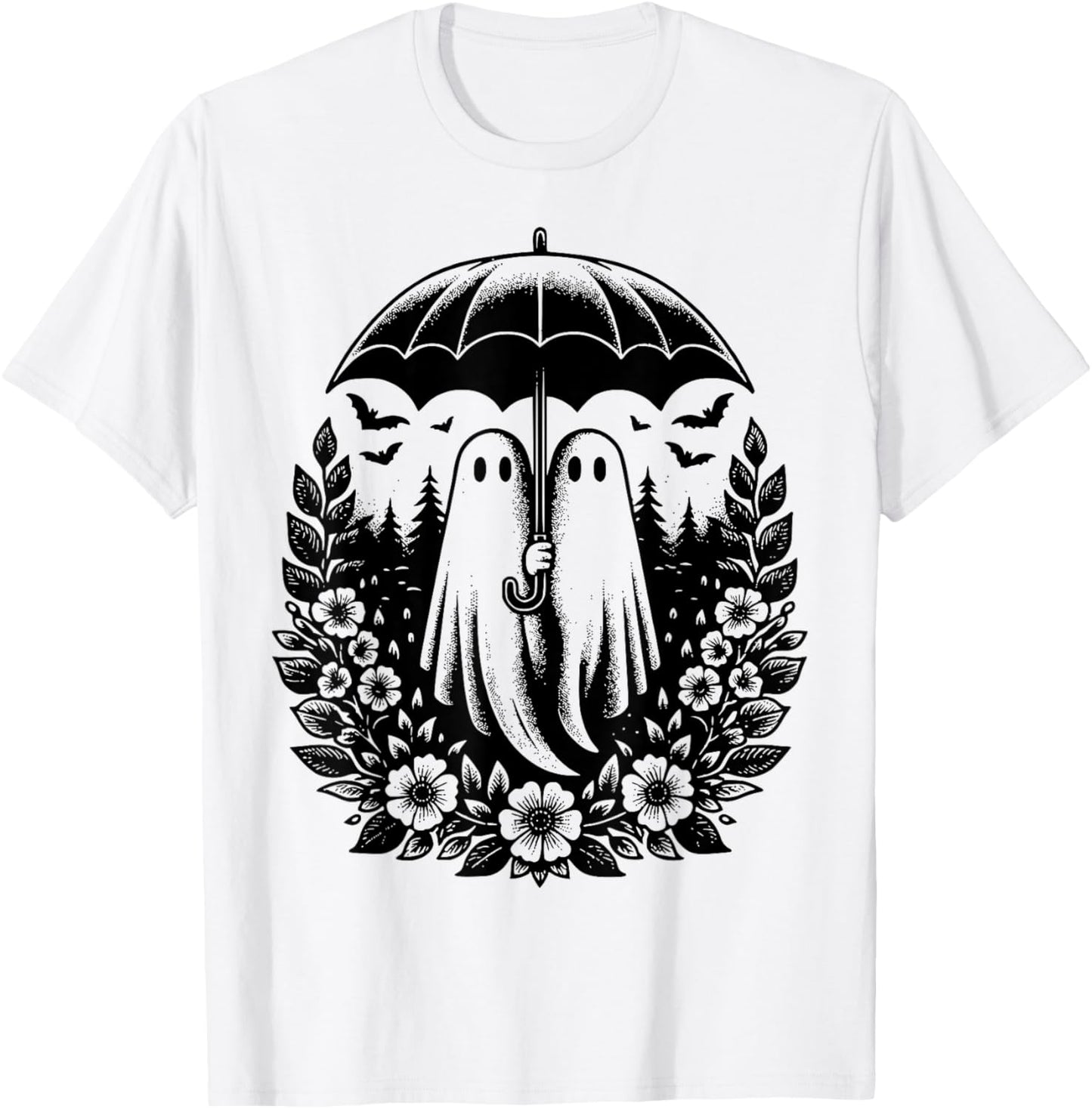 Floral Ghost Holds Umbrella Couple Spooky Season Women Men T-Shirt