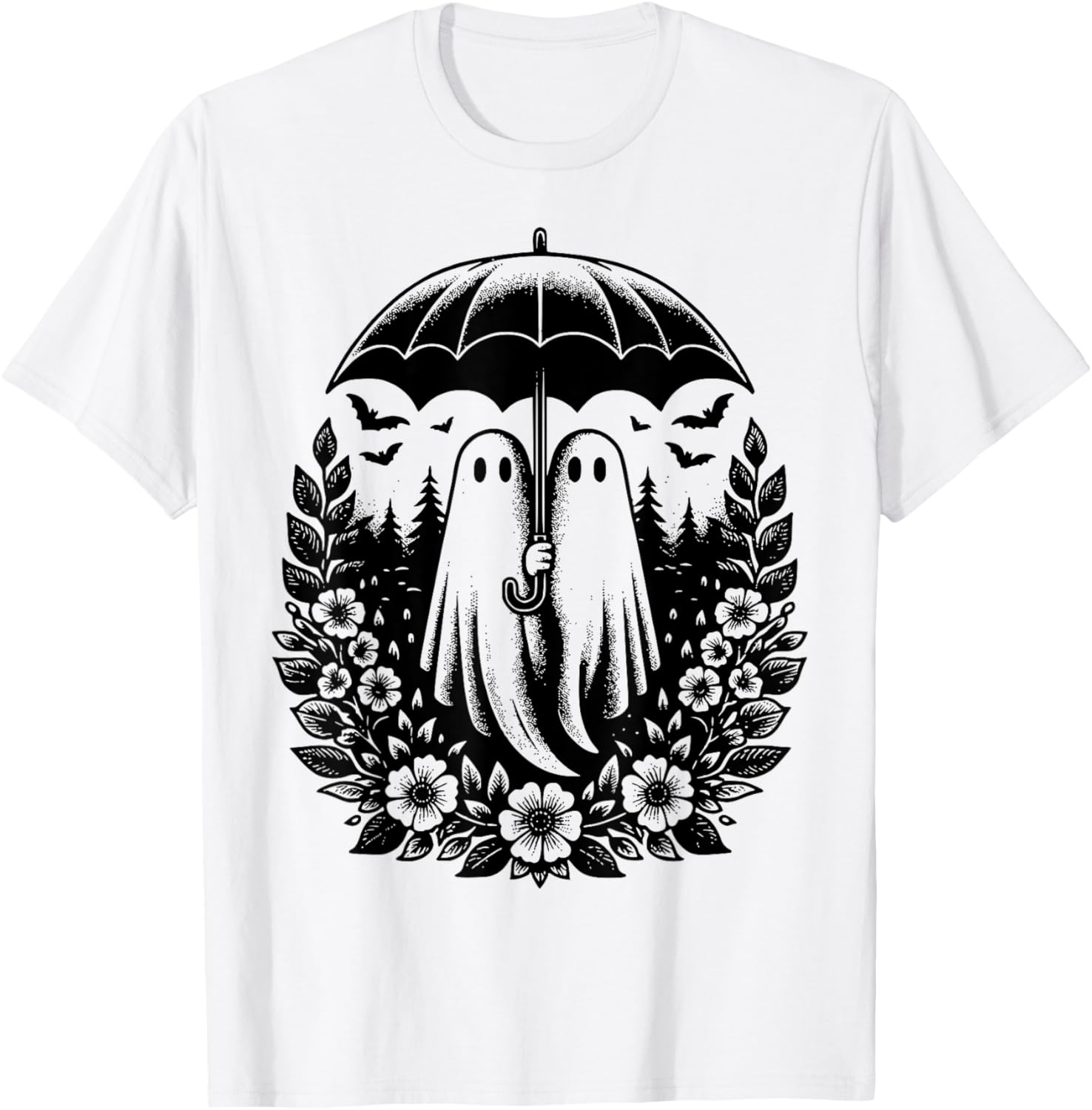 Floral Ghost Holds Umbrella Couple Spooky Season Women Men T-Shirt