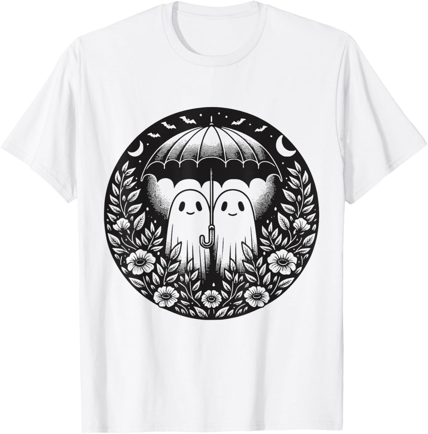Floral Ghost Holds Umbrella Couple Spooky Season Women Men T-Shirt