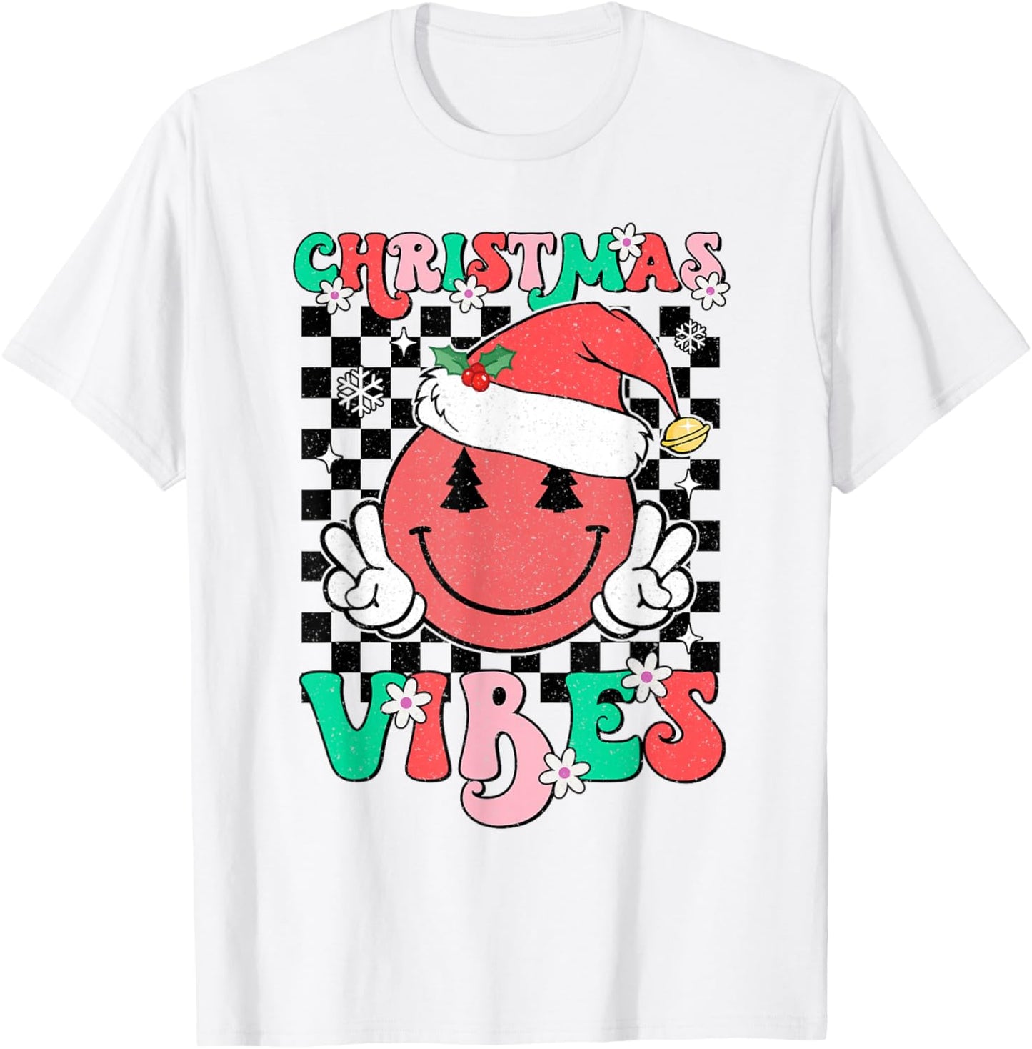 Groovy Christmas Vibes Smile Face Santa Hat Xmas Teens Girls T-Shirt