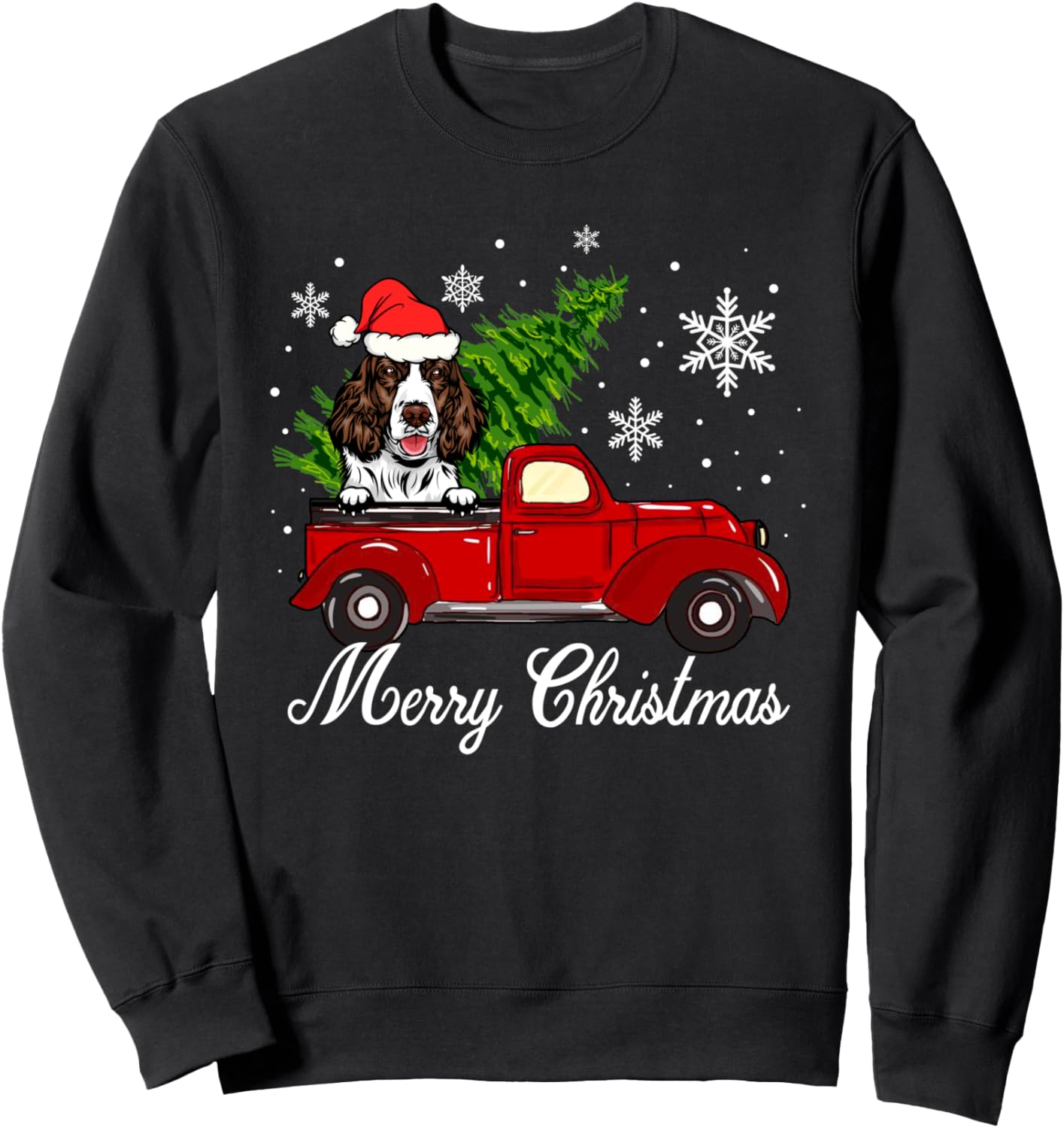 English Springer Spaniel Dog Riding Red Truck Christmas Sweatshirt