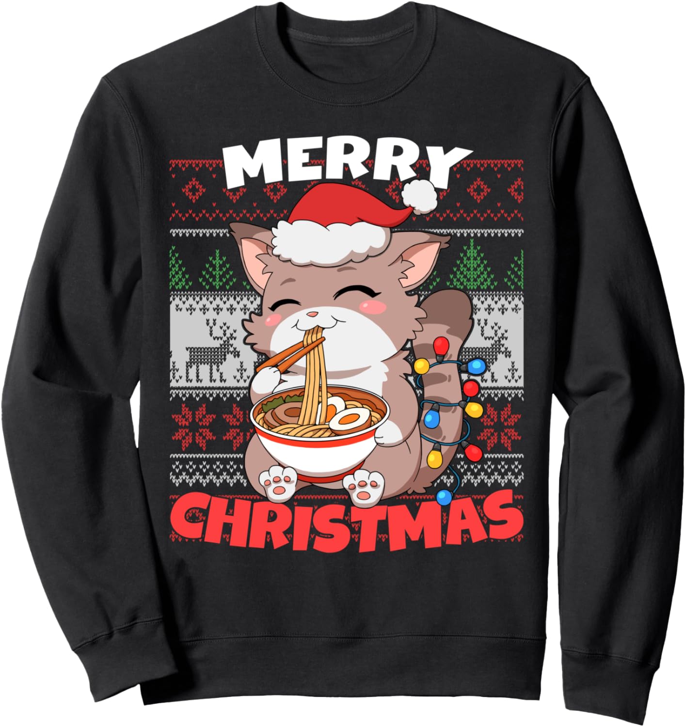 Funny Anime Kawaii Cat Santa Hat Ramen Ugly Merry Christmas Sweatshirt