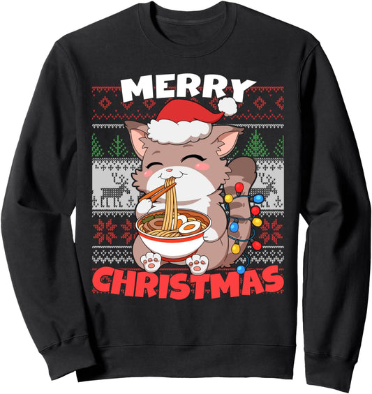 Funny Anime Kawaii Cat Santa Hat Ramen Ugly Merry Christmas Sweatshirt